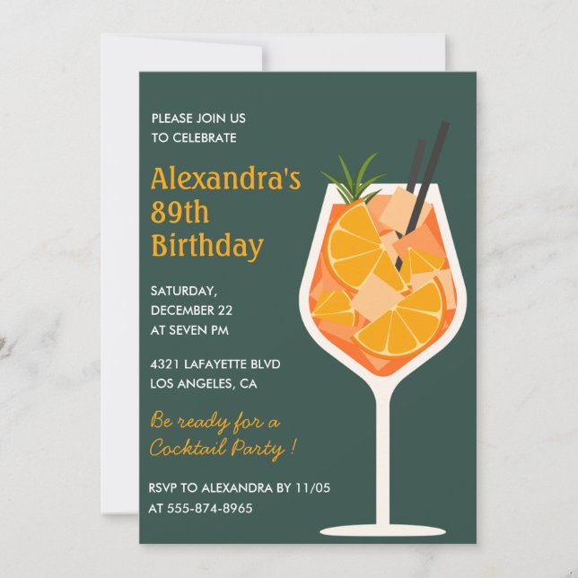 Elegant Modern Cocktail 89th birthday Invitation (Front)