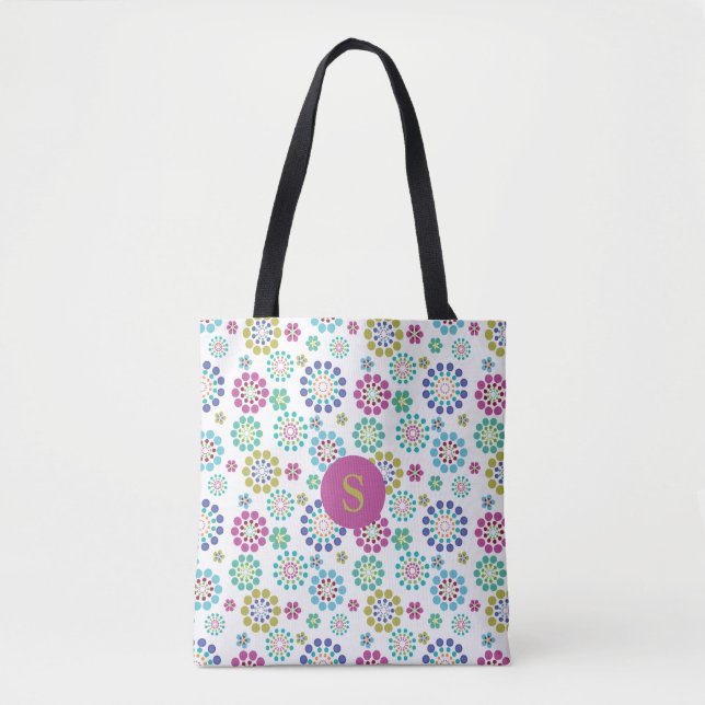 Elegant modern colorful pink dot flower pattern tote bag (Front)