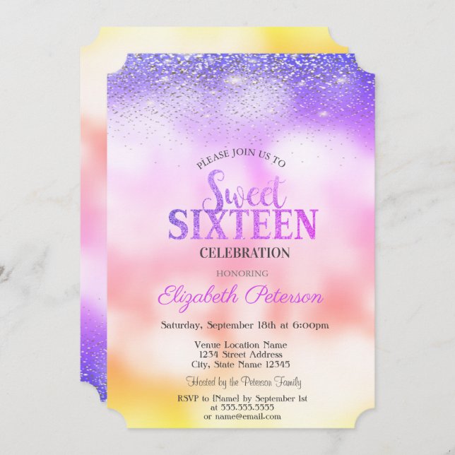 Elegant Modern Confetti,Bokeh Ombre Sweet 16 Invitation (Front/Back)