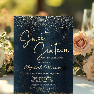 Elegant Modern Confetti Dark Blue Sweet 16 Invitation