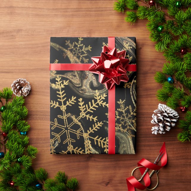 Elegant modern copper gold black marble snowflakes wrapping paper (Holiday Gift)