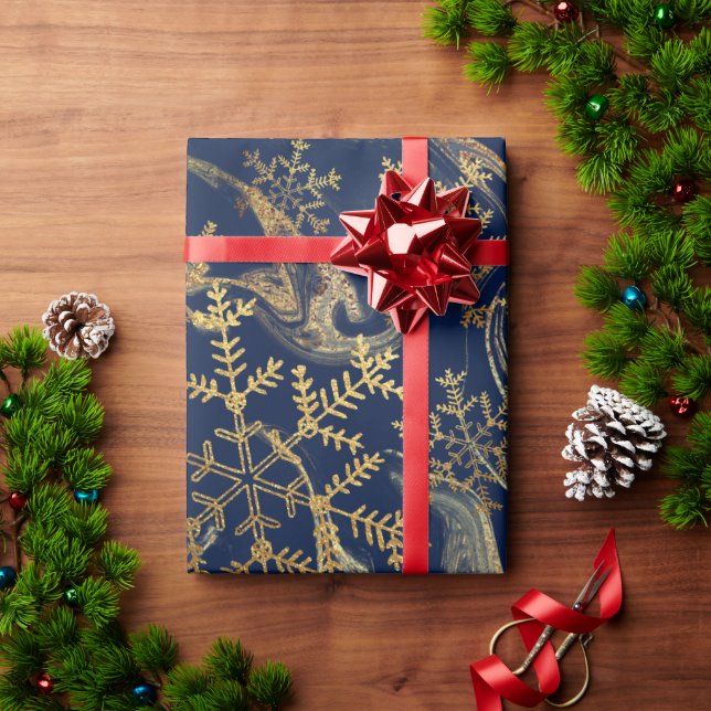 Elegant modern copper gold blue marble snowflakes wrapping paper (Holiday Gift)