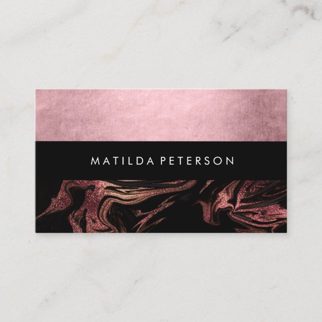 Elegant modern copper rose gold black marble business card (Front)