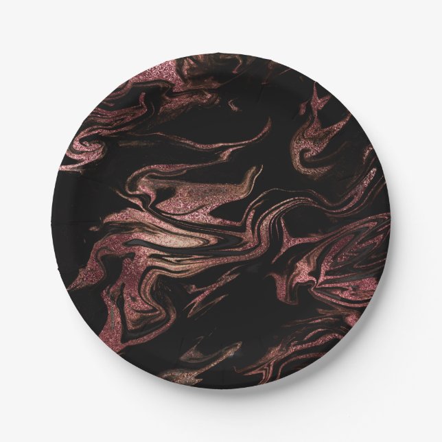 Elegant modern copper rose gold black marble look paper plate (Front)