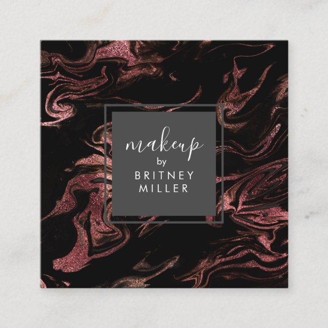 Elegant modern copper rose gold black marble square business card (Front)