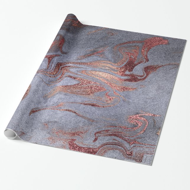 Elegant modern copper rose gold blue marble look wrapping paper (Unrolled)