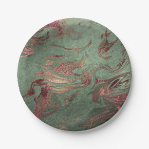 Elegant modern copper rose gold green marble look paper plate