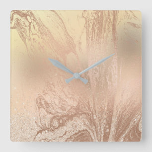 Elegant modern copper rose gold marble glitter square wall clock