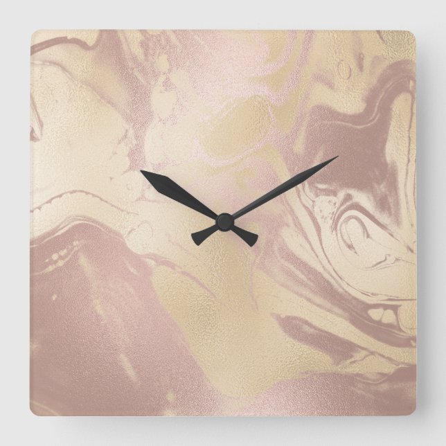 Elegant modern copper rose gold marble look square wall clock (Front)