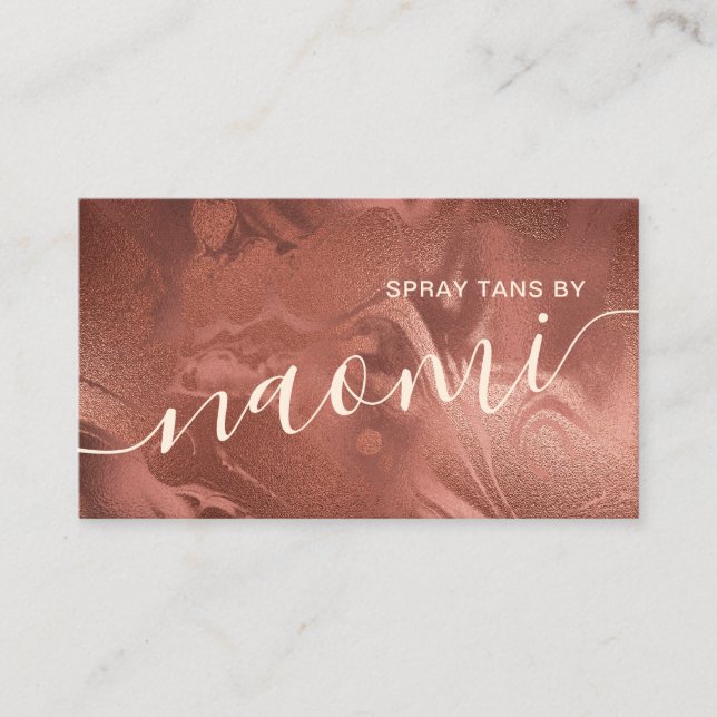 Elegant modern copper rose gold marble spray tans business card (Front)