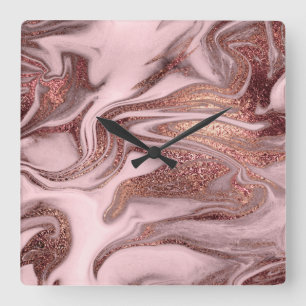 Elegant modern copper rose gold & pink marble look square wall clock