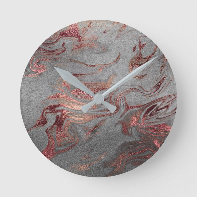 Elegant modern copper rose gold silver marble look round clock (Front)