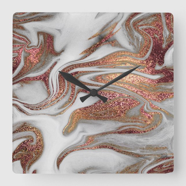 Elegant modern copper rose gold white marble look square wall clock (Front)