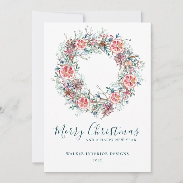 Elegant Modern Corporate Business Christmas Wreath Holiday Card (Front)