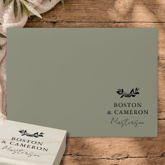 Elegant Modern Couple Names Script Olive Branch Rubber Stamp