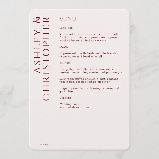 Elegant Modern Crimson Red Wedding Menu (Front)