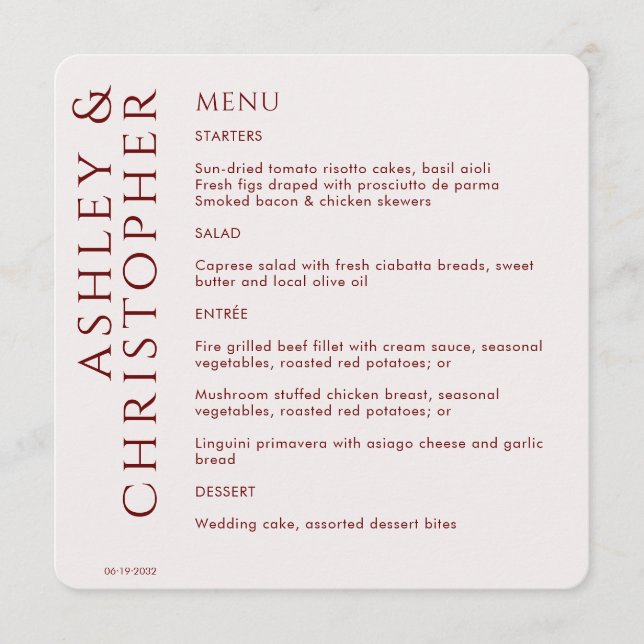 Elegant Modern Crimson Red Wedding Menu (Front)