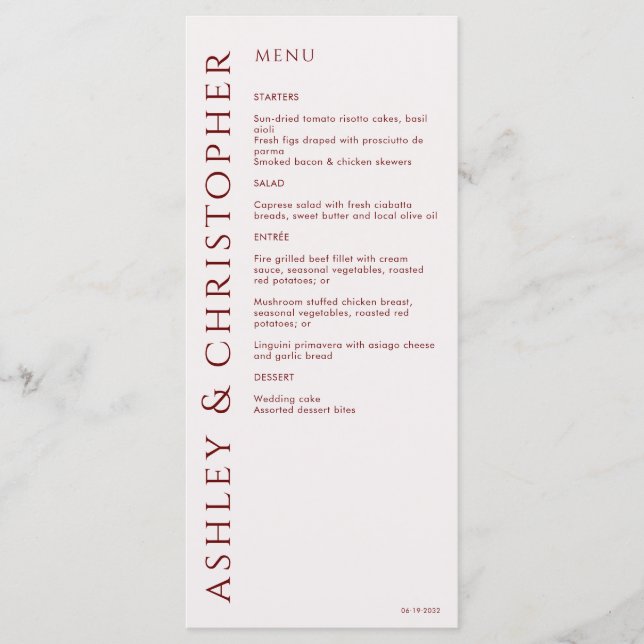 Elegant Modern Crimson Red Wedding Menu (Front)