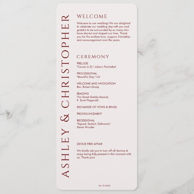 Elegant Modern Crimson Red Wedding Programme (Front)