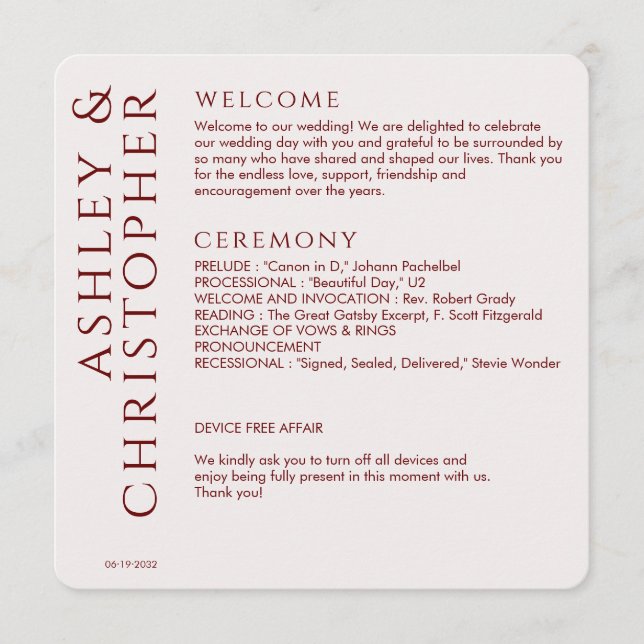 Elegant Modern Crimson Red Wedding Programme (Front)