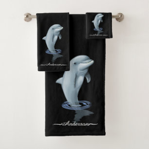 Elegant Modern Cute Dolphin & Script on Black Bath Towel Set