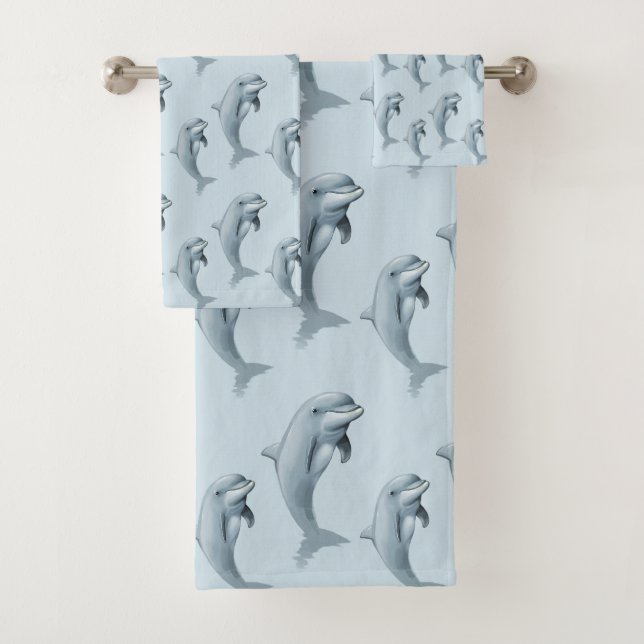 Elegant Modern Cute Dolphins on Light Blue Bath Towel Set (Insitu)