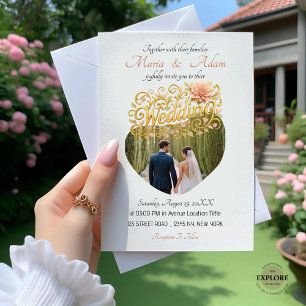 Elegant Modern Dahlias Golden Script Wedding Photo Invitation