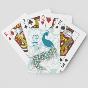 Elegant Modern Damask Peacock Monogram Playing Cards
