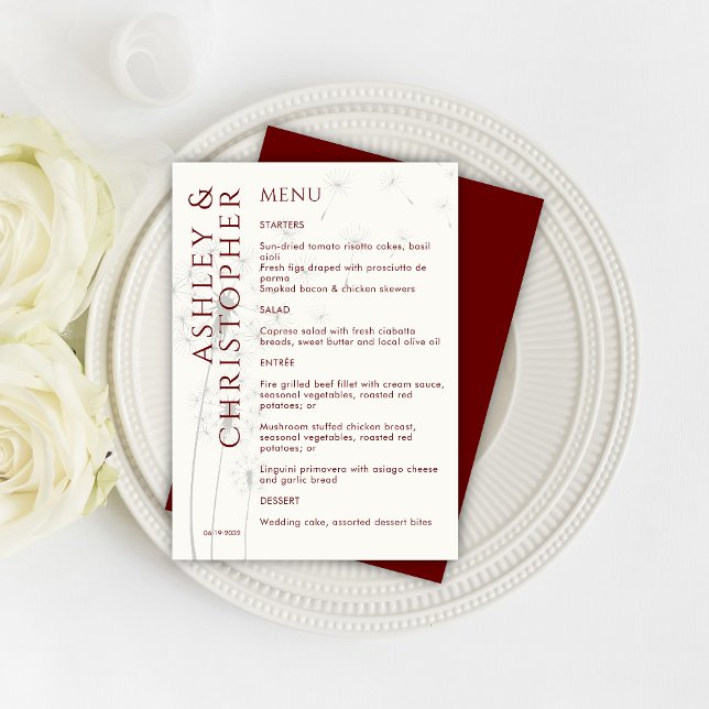 Elegant Modern Dandelion Crimson Red Wedding Menu (Creator Uploaded)