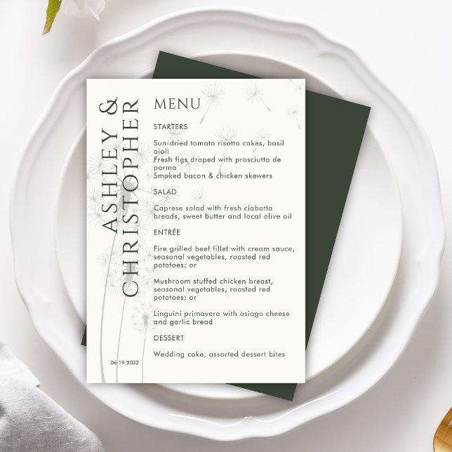 Elegant Modern Dandelion Moss Green Wedding Menu (Creator Uploaded)
