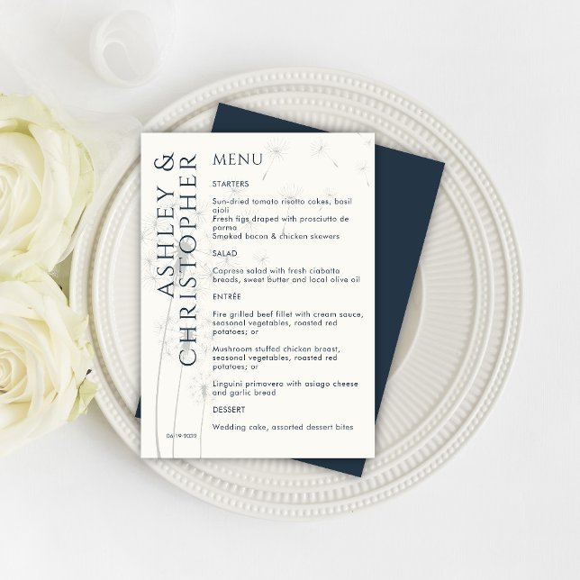 Elegant Modern Dandelion Navy Blue Wedding Menu (Creator Uploaded)
