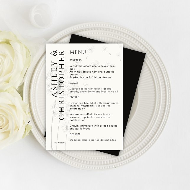 Elegant Modern Dandelion Smoke Black Wedding Menu (Creator Uploaded)