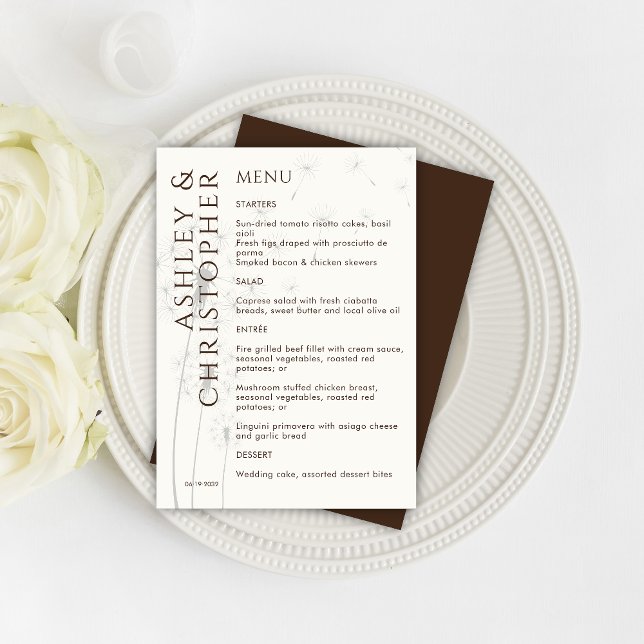 Elegant Modern Dandelion Walnut Brown Wedding Menu (Creator Uploaded)