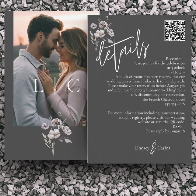 Elegant modern dark grey wedding details QR code Enclosure Card (Creator Uploaded)