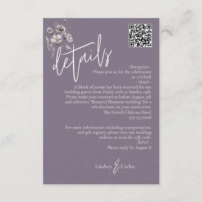 Elegant modern dark purple wedding details QR code Enclosure Card (Front)
