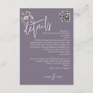 Elegant modern dark purple wedding details QR code Enclosure Card