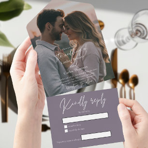 Elegant modern dark purple wedding photo with RSVP All In One Invitation