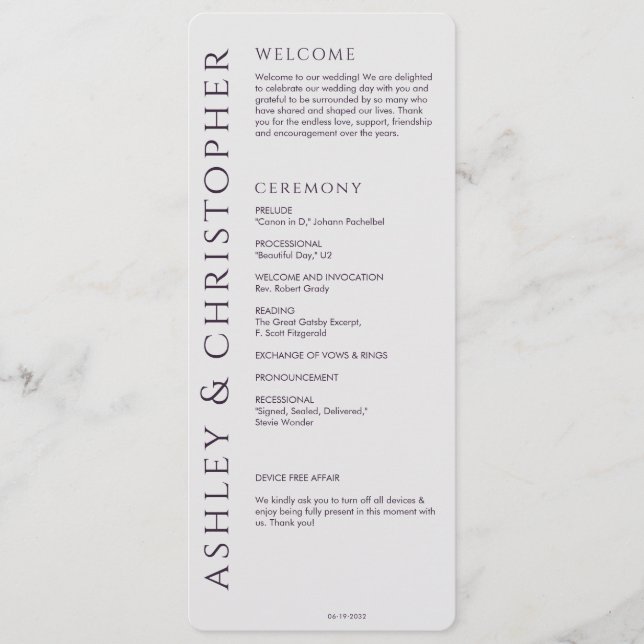 Elegant Modern Dark Purple Wedding Programme (Front)