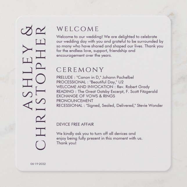 Elegant Modern Dark Purple Wedding Programme (Front)