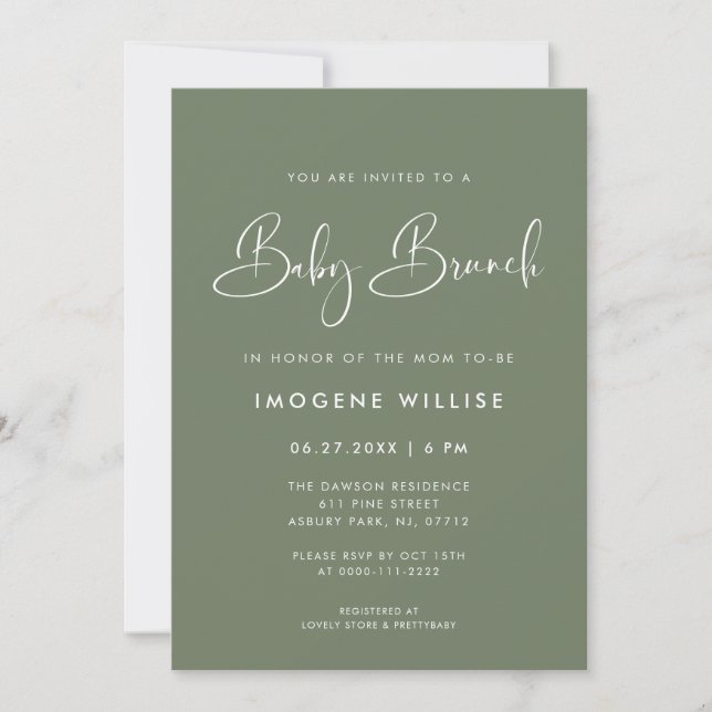 Elegant & modern Dark Sage Green Baby Brunch Invitation (Front)