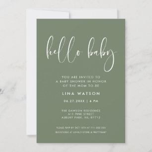 Elegant & Modern Dark Sage Green Hello Baby Invitation