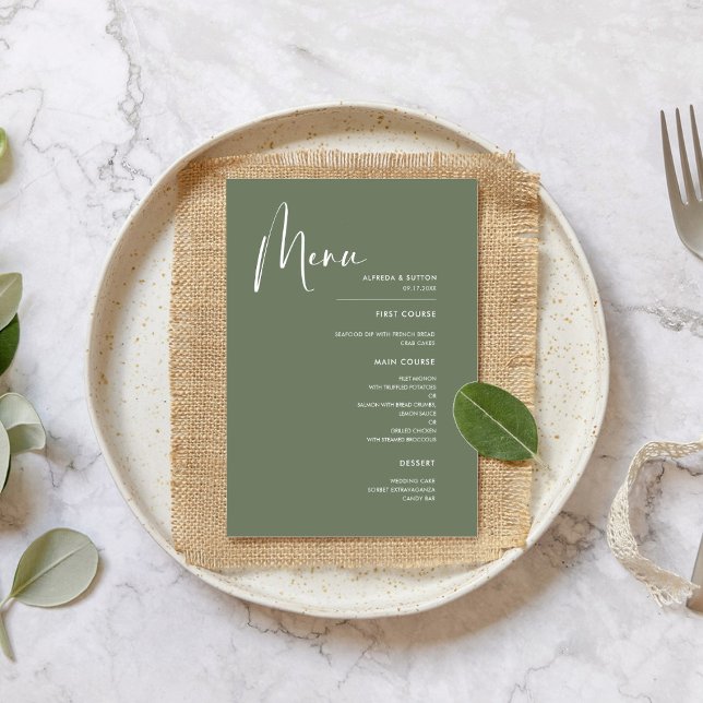 Elegant & modern dark sage green wedding menu (Creator Uploaded)