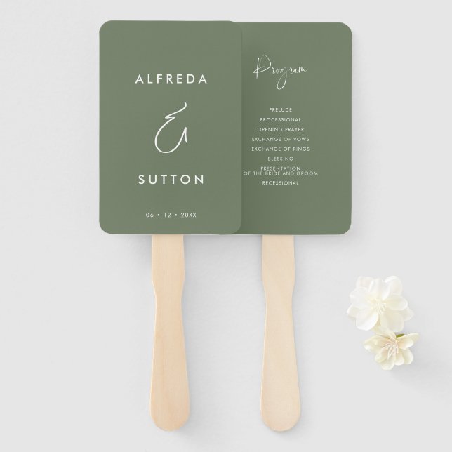 Elegant & Modern Dark Sage Green Wedding program Hand Fan (Front and Back)