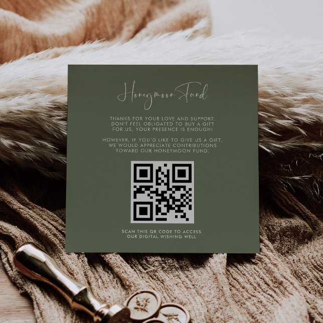 Elegant & modern Dark sage Honeymoon fund QR code Enclosure Card (Creator Uploaded)