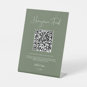 Elegant & modern Dark sage Honeymoon fund QR code Pedestal Sign