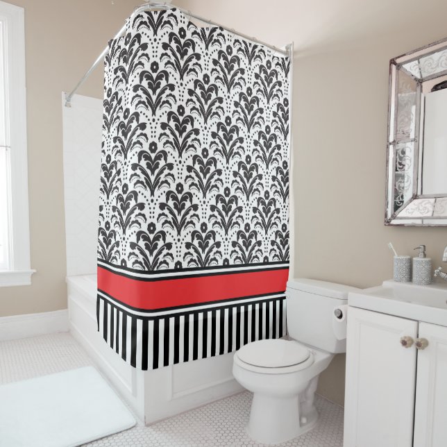 Elegant Modern Deco Damask Black and White Shower Curtain (In Situ)