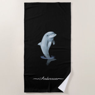 Elegant Modern Dolphin & Script on Black Beach Towel