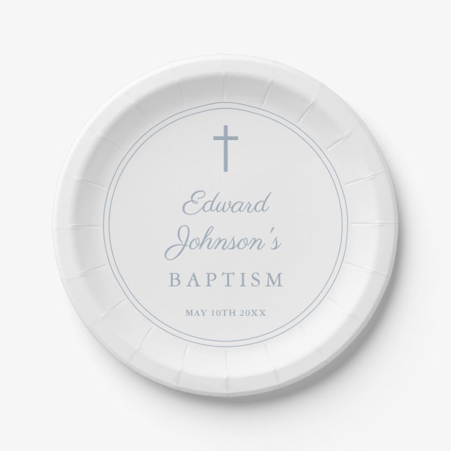 Elegant Modern Dusty Blue Baptism Paper Plate (Front)