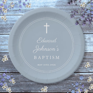 Elegant Modern Dusty Blue Baptism Paper Plate