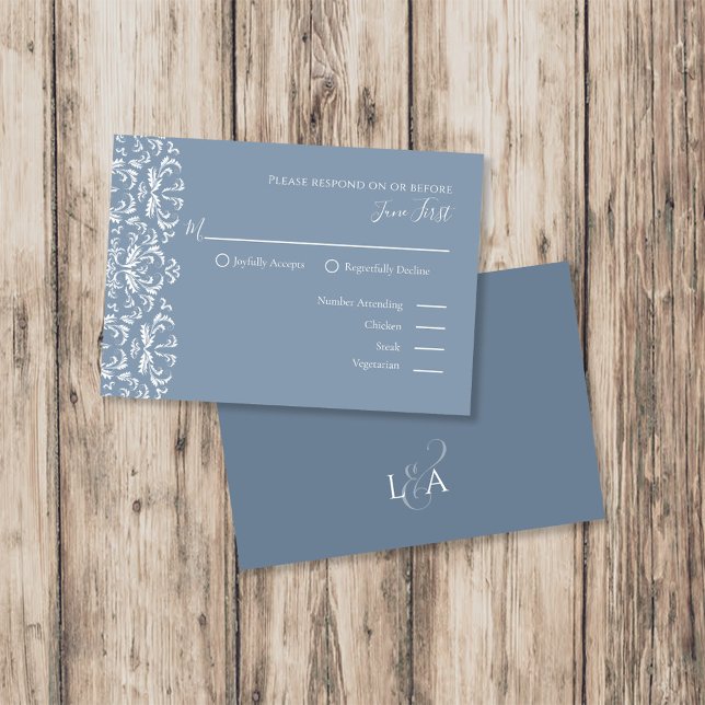 Elegant Modern Dusty Blue Filigree RSVP Wedding Card (Elegant dusty blue RSVP wedding card with modern filigree design and clean typography.)